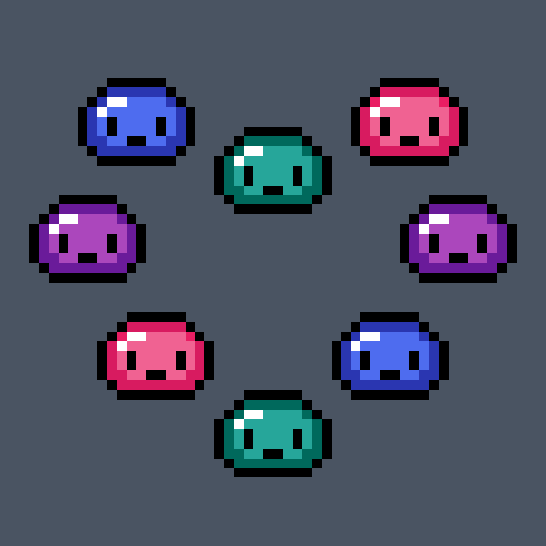 A pixel art drawing of cute slime-monsters who form a heart